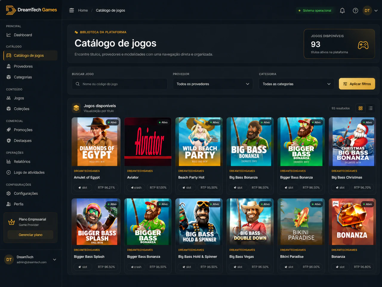 Catálogo de jogos da plataforma DreamTech Games